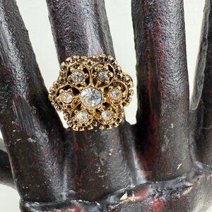 Vintage Uncas 18KHGE Yellow Gold-Plated Clear Rhinestone Size 6.5
